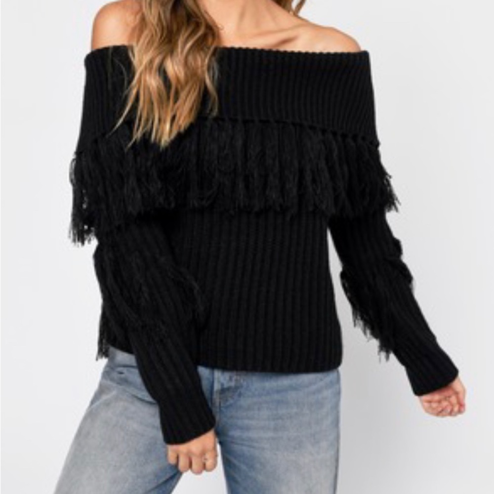 Tobi Black Knit Off the Shoulder Sweater with Fringe